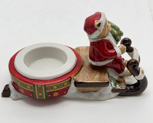 Villeroy and Boch Holiday Bear Santa on Sled Toy Box Ceramic Votive Candle Holder.