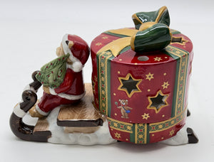 Villeroy and Boch Holiday Bear Santa on Sled Toy Box Ceramic Votive Candle Holder.