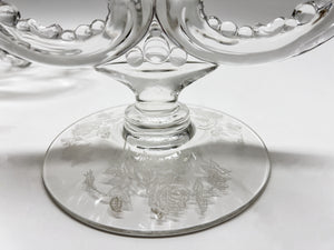 Heisey Rose Etched Waverly Design 3-Light Candlestick Pair. c.1949-1957