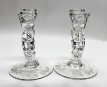 Heisey Rose Etched Waverly Design 3-Light Candlestick Pair. c.1949-1957