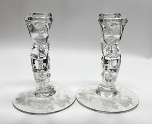 Heisey Rose Etched Waverly Design 3-Light Candlestick Pair. c.1949-1957