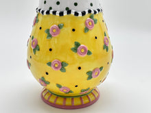 Mary Engelbreit Bright Yellow Polka Dot and Rose Ceramic Vase.