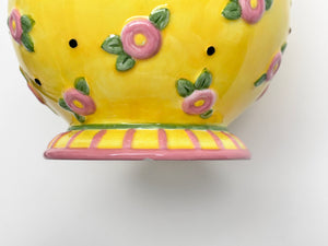 Mary Engelbreit Bright Yellow Polka Dot and Rose Ceramic Vase.