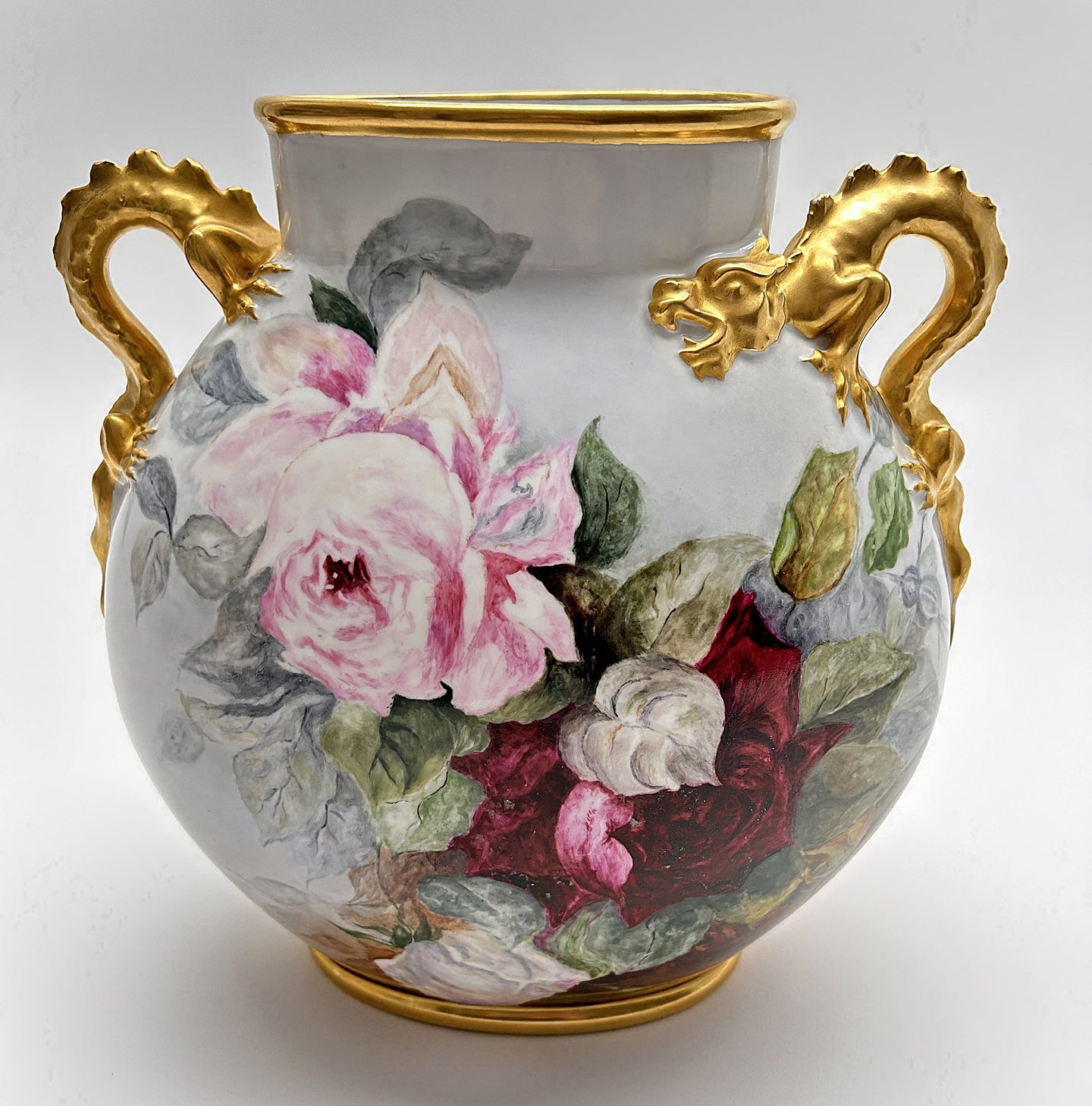 Jean Pouyat Limoges Roses and Gold Dragon/Serpent Handled Vase. France, c.1890-1932