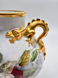 Jean Pouyat Limoges Roses and Gold Dragon/Serpent Handled Vase. France, c.1890-1932