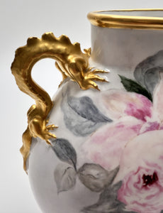 Jean Pouyat Limoges Roses and Gold Dragon/Serpent Handled Vase. France, c.1890-1932