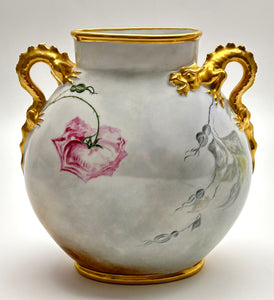 Jean Pouyat Limoges Roses and Gold Dragon/Serpent Handled Vase. France, c.1890-1932