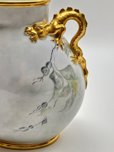 Jean Pouyat Limoges Roses and Gold Dragon/Serpent Handled Vase. France, c.1890-1932