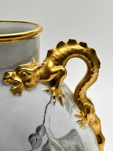 Jean Pouyat Limoges Roses and Gold Dragon/Serpent Handled Vase. France, c.1890-1932