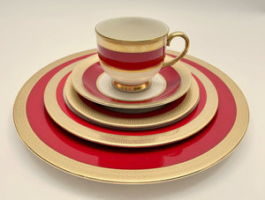 Lenox Embassy Red Gold Encrusted Rim 75-Piece Dinnerware Collection For Twelve w/ Coffee Pot