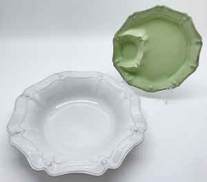 Juliska Berry and Thread 16" Whitewash Serving Bowl and 12" Pistachio Green Hostess Chip and Dip Server Pair.