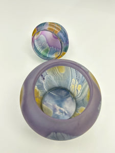 Nouveau Art Glass Rueven Lidded Purple Jar and Bowl Multi-Colored Set.
