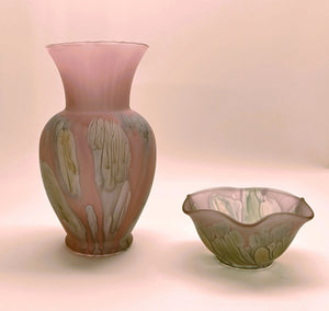 Nouveau Art Glass Rueven Rose Pink Floral Vase and Ruffled Bowl Multi-Colored Set.