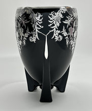 Duncan and Miller Art Deco Black Glass Rocket Vase With Silver Overlay, c.1930's