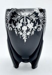 Duncan and Miller Art Deco Black Glass Rocket Vase With Silver Overlay, c.1930's