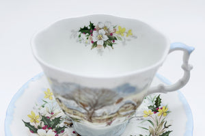 Royal Albert The Cottage Garden Year Series "Winter" Footed Fine English Bone China Teacup/Saucer Set, c.1984