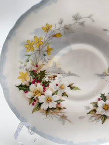 Royal Albert The Cottage Garden Year Series "Winter" Footed Fine English Bone China Teacup/Saucer Set, c.1984