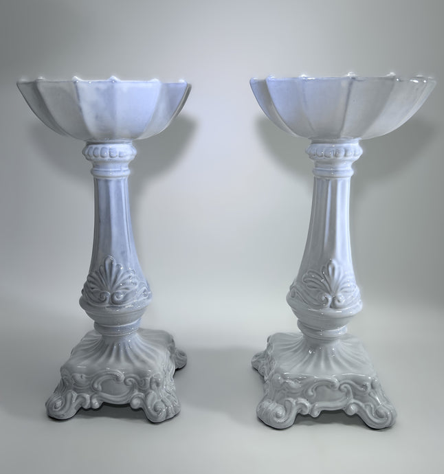 Vietri Incanto Whitewashed Stoneware Pillar Candle Holder Pair.