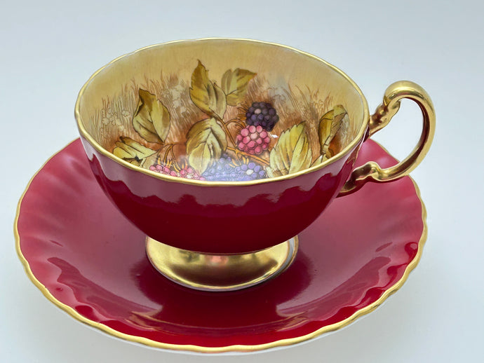 Aynsley Orchard Gold Hand Painted Fruit Red English Bone China Teacup and Saucer Set. c.1960-1969.