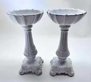 Vietri Incanto Whitewashed Stoneware Pillar Candle Holder Pair.