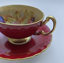 Aynsley Orchard Gold Hand Painted Fruit Red English Bone China Teacup and Saucer Set. c.1960-1969.