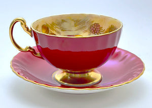 Aynsley Orchard Gold Hand Painted Fruit Red English Bone China Teacup and Saucer Set. c.1960-1969.