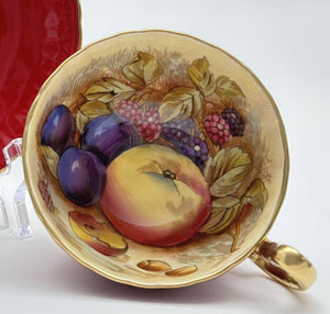 Aynsley Orchard Gold Hand Painted Fruit Red English Bone China Teacup and Saucer Set. c.1960-1969.