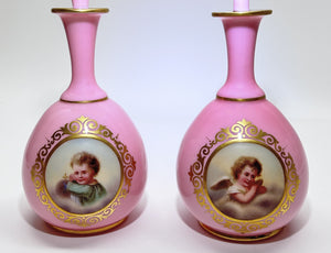 Pink Glass Vanity Perfume Bottle Pair w/ Crown Stoppers.