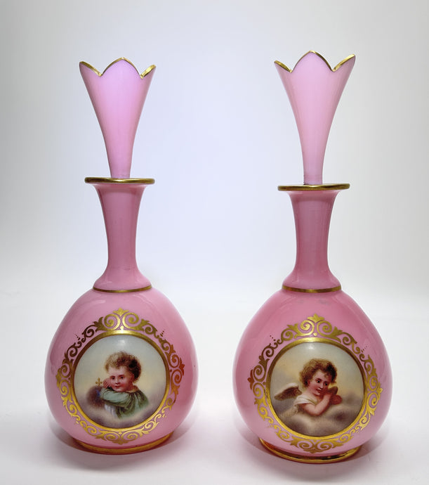 Pink Glass Vanity Perfume Bottles w/ Crown Stoppers.