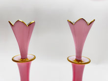 Pink Glass Vanity Perfume Bottle Pair w/ Crown Stoppers.