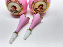 Pink Glass Vanity Perfume Bottle Pair w/ Crown Stoppers.