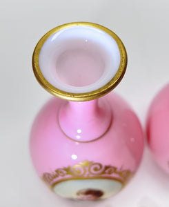 Pink Glass Vanity Perfume Bottle Pair w/ Crown Stoppers.