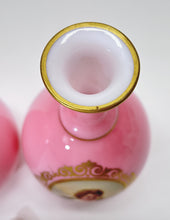 Pink Glass Vanity Perfume Bottle Pair w/ Crown Stoppers.