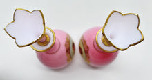 Pink Glass Vanity Perfume Bottle Pair w/ Crown Stoppers.