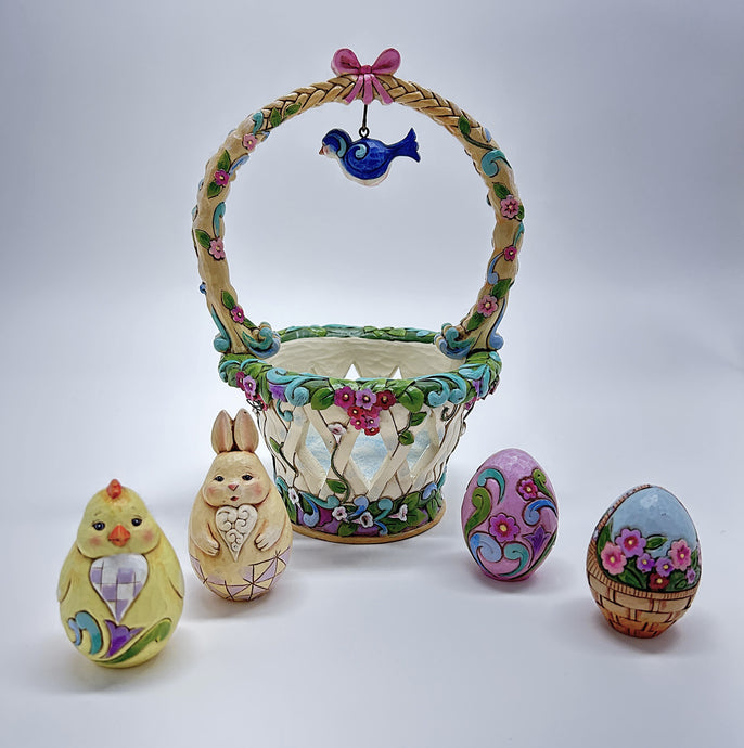 Jim Shore Heartwood Creek Basketful of Surprises Basket with Chick/Bunny/ Egg Figurines Set, 2012