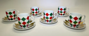 William Sonoma Harlequin Red/Green/Gold Espresso/ Demitasse Cup and Saucer Set of Six