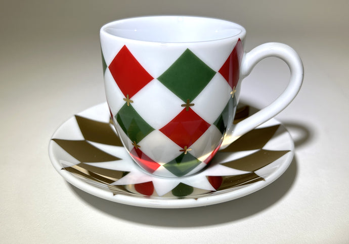 William Sonoma Harlequin Red/Green/Gold Espresso/ Demitasse Cup and Saucer Set of Six