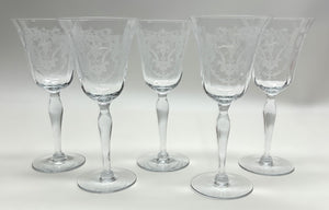 Morgantown Virginia Blown  Optic Etched Water Goblet Collection of Five.