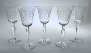 Morgantown Virginia Blown  Optic Etched Water Goblet Collection of Five.