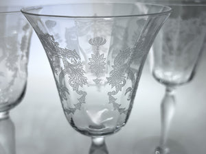 Morgantown Virginia Blown  Optic Etched Water Goblet Collection of Five.