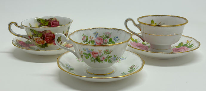 Royal Albert, Royal Chelsea Fine English Bone China Rose Themed Teacup and Saucer Set of Three. ENGLAND.