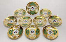 Haas and Czjzek Czechoslovakia Porcelain 4 1/8"W Green and Gold Encrusted Side Dish Set of Ten. c.1918-1938