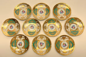 Haas and Czjzek Czechoslovakia Porcelain 4 1/8"W Green and Gold Encrusted Side Dish Set of Ten. c.1918-1938