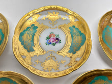 Haas and Czjzek Czechoslovakia Porcelain 4 1/8"W Green and Gold Encrusted Side Dish Set of Ten. c.1918-1938