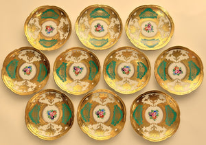 Haas and Czjzek Czechoslovakia Porcelain 4 1/8"W Green and Gold Encrusted Side Dish Set of Ten. c.1918-1938