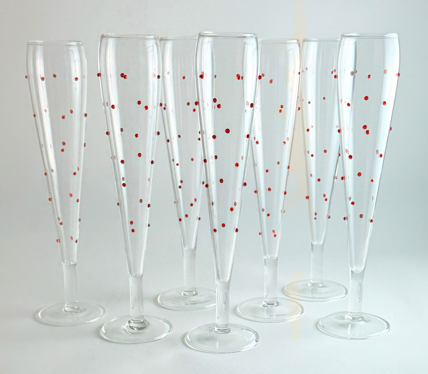 Pottery Barn Confetti Celebration RED Champagne Flute Collection of Seven.