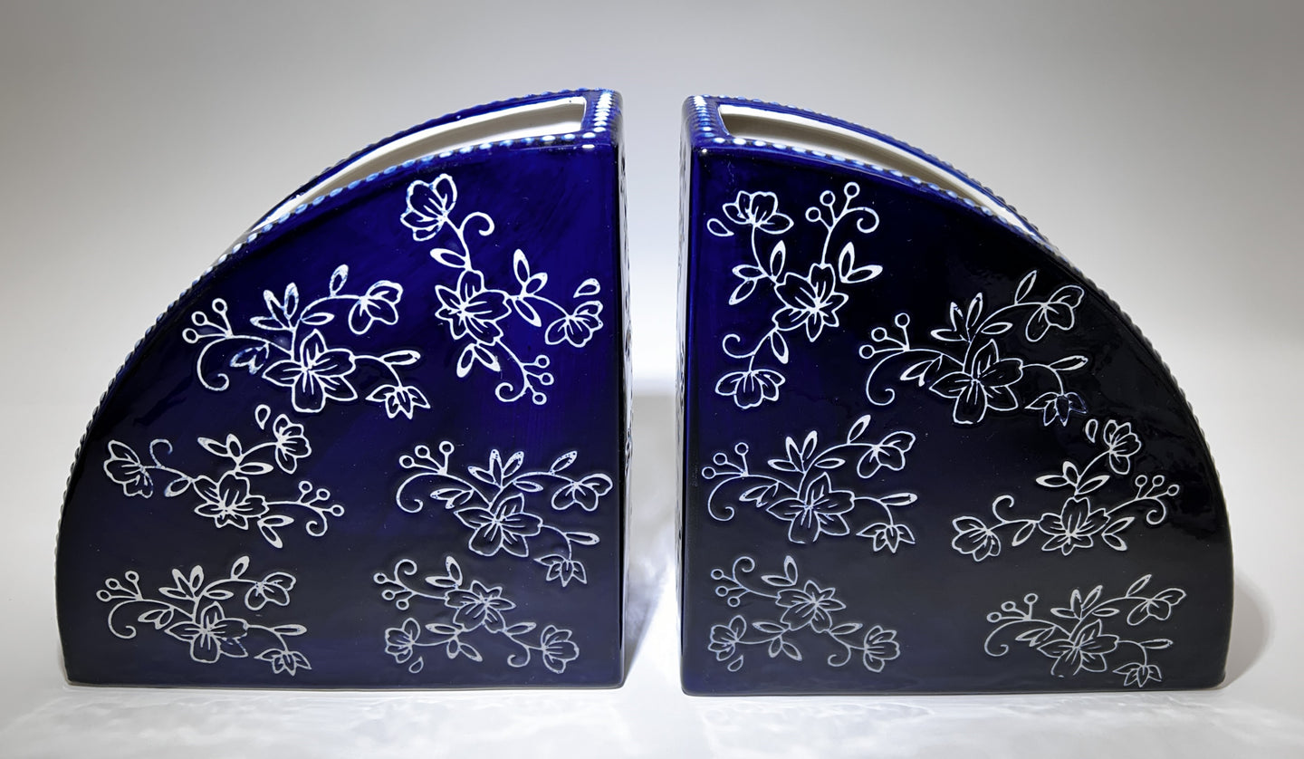 Tara Floral Cobalt Blue Flower Bookend Vase Set of Two.