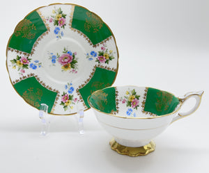 Royal Stafford Fine English Bone China Green/Gold Trim and Floral Teacup and Saucer Set