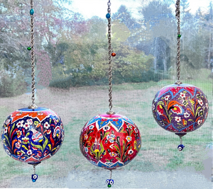 Handmade Turkish Pottery Large Evil Eye Red, Blue and Purple Hanging Ball Set of Three