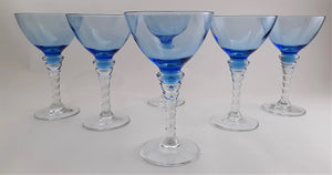 Blue and Clear Gumdrop Stem Martini Glass Set of Six